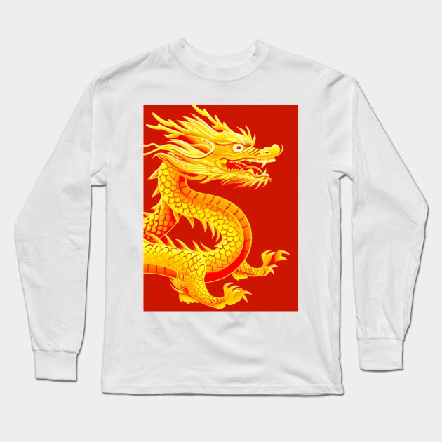 Chinese Golden Dragon on a Lucky Red Background 2: Chinese New Year, Year of the Dragon Long Sleeve T-Shirt by Puff Sumo